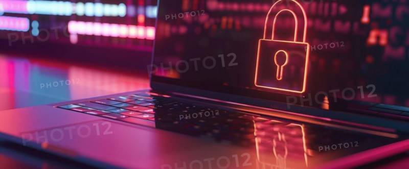 A laptop with a padlock on the screen, concept of cyber security, computer security and protection, AI generated