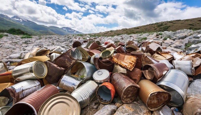 Symbol photo, many empty tin cans, partly crushed, rusty, dirty, lying in the landscape, AI generated, AI generated