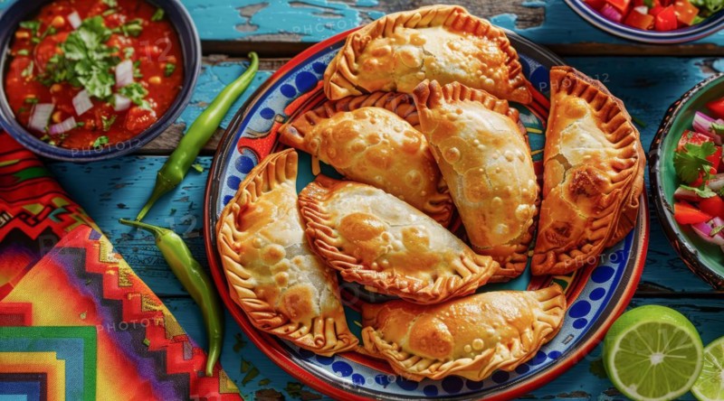 Tasty empanadas on a plate with colorful Mexican cloths as a background. National mexican food, AI generated