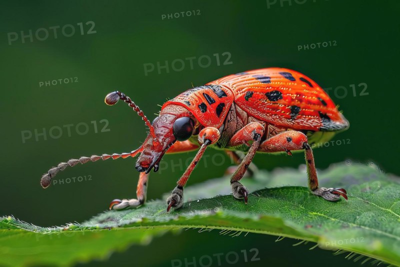 Stylized red giraffe weevil on a green leaf, AI generated