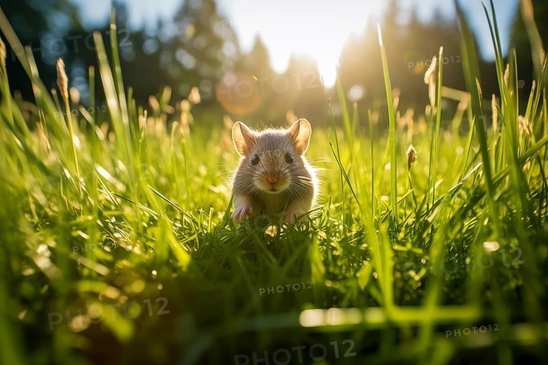 Cute mouse with large ears, exploring the vibrant green grass on a sunny day, AI generated