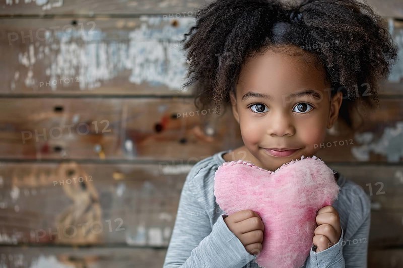 Young black girl child holding pink plush heart. KI generiert, generiert, AI generated