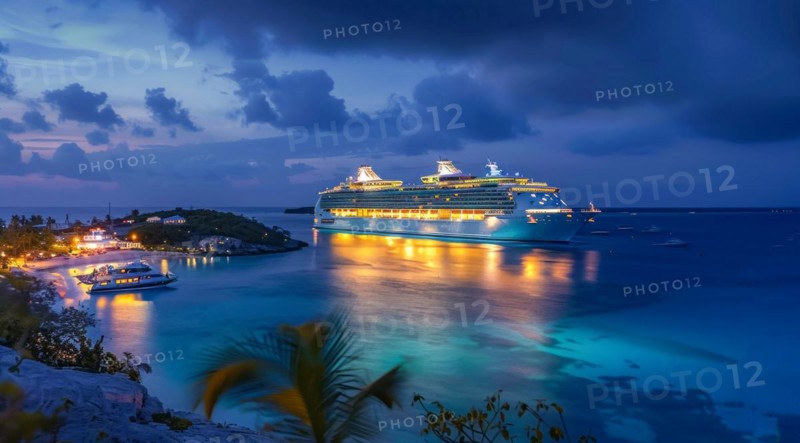 A large cruise ship docked near popular vacation resort. The scene is serene and relaxing, with the ship providing a sense of adventure, AI generated
