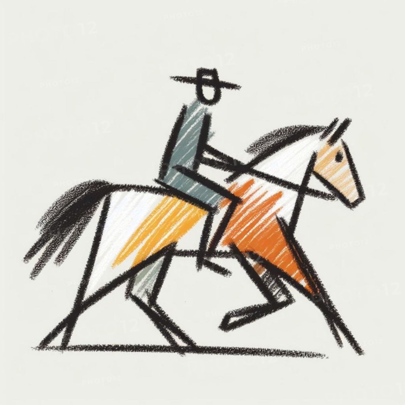 Abstract sketch of a fast-moving rider in a hat on a horse, AI generated