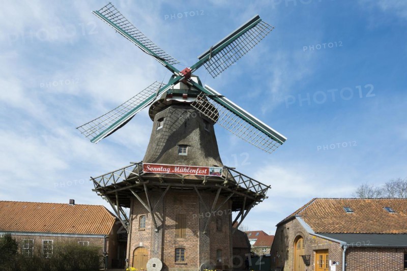 Historic windmill, slaughter mill, two-storey gallery windmill with wind rose, Jever, East Frisia, Lower Saxony, Germany, Europe