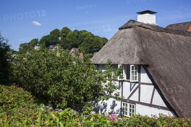 Old thatched half-timbered house in the Treppenviertel, residential building, Blankenese district, Hamburg, Germany, Europe