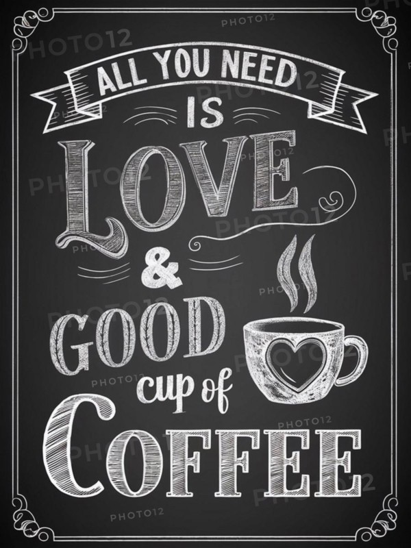Chalkboard style illustration with a positive quote about love and coffee, AI generated