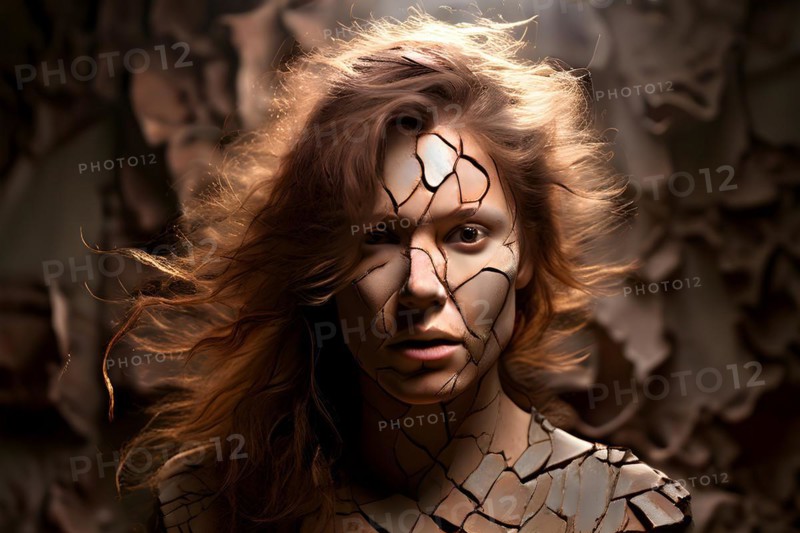 AI generated moody female portrait with cracked terracotta style high textures