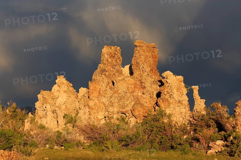 Dramatic rock formations against a cloudy sky at dusk, Mono Lake, North America, USA, South-West, California, California, North America
