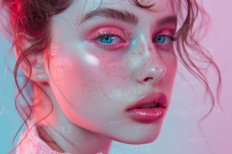 Portrait of beautiful young woman with doll-like features and pink makeup. KI generiert, generiert, AI generated