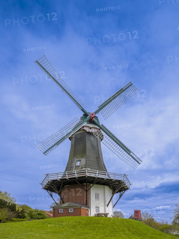 The Green Mill, one of Greetsiel's twin mills, on the Old Greetsiel Sieltief, Greetsiel, Krummhoern, East Frisia, Lower Saxony, Germany, Europe