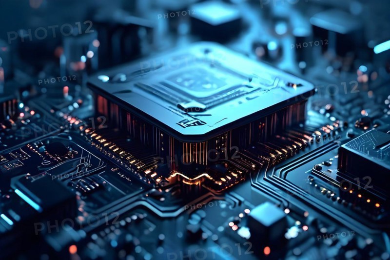 AI generated close up of a computer board featuring a prominent microchip