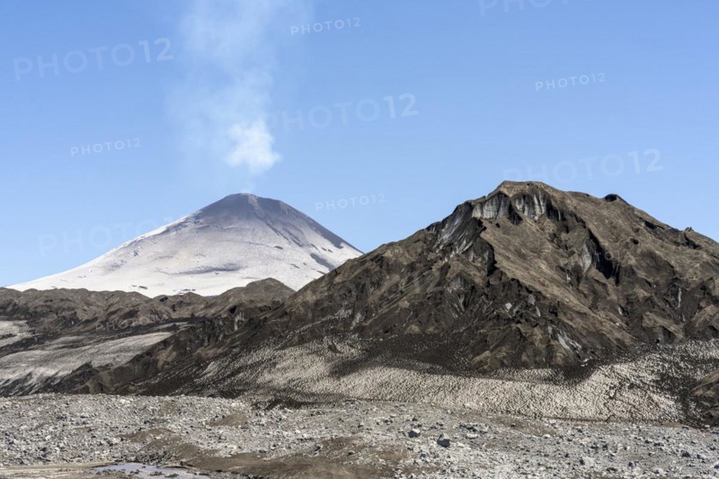 Ash covered Pichillancahue glacier, Villarrica Volcano, Villarrica National Park, Araucania, Chile1