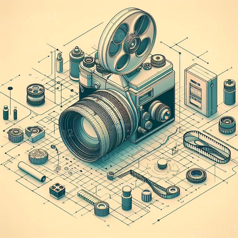 Intricately detailed isometric illustration featuring a vintage camera. Film reels. And photographic equipment laid out meticulously, AI generated