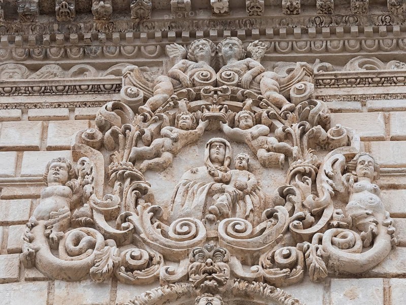 Relief of St Mary on the facade of San Nicola Cathedral, Cattedrale Turritana Sassari, Sardinia, Italy, Europe
