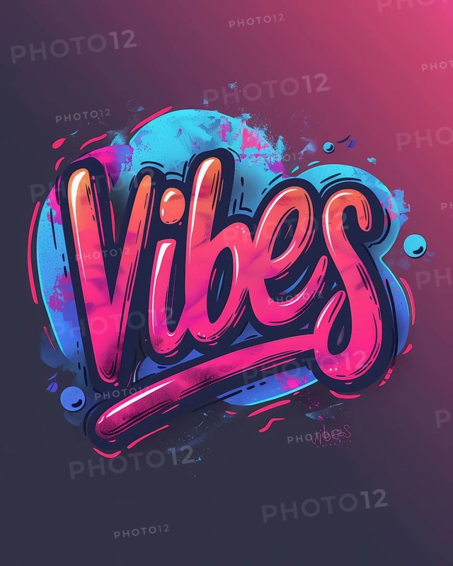 Vibrant neon sign with the word 'Vibes' in cursive script against a pink and blue gradient, AI Generated, AI generated