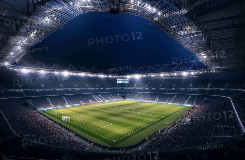 A soccer field with a large crowd of people spectators fans watching the game in evening. The stadium is lit up with bright flood spotlights ready for a match game, AI generated