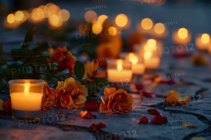 Memorial with candles and flowers in street. KI generiert, generiert, AI generated