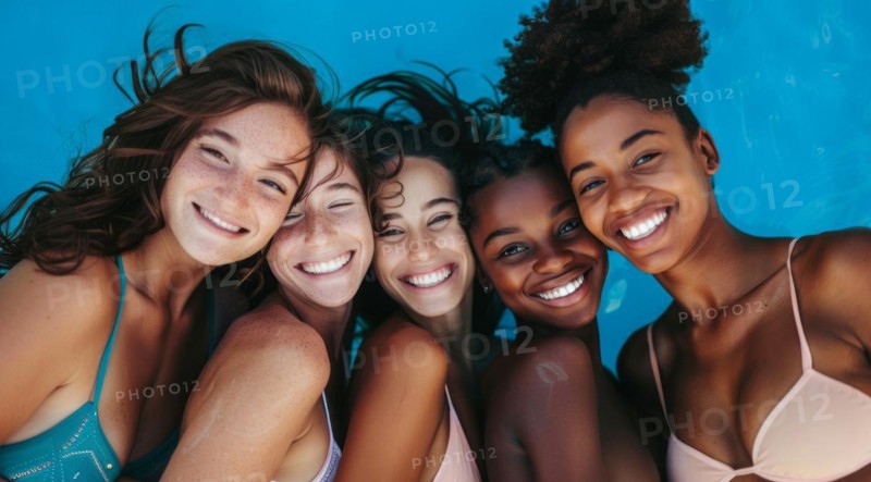 A group of women are smiling and posing for a photo. They are wearing bikinis and hats, AI generated