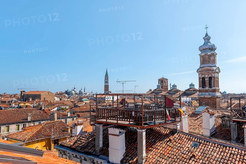 View over the roofs of Venice to the Campanile bell tower and the domes of St Mark's Basilica, view from the roof of the Fondaco dei Tedeschi, Venice, Veneto, Italy, Europe