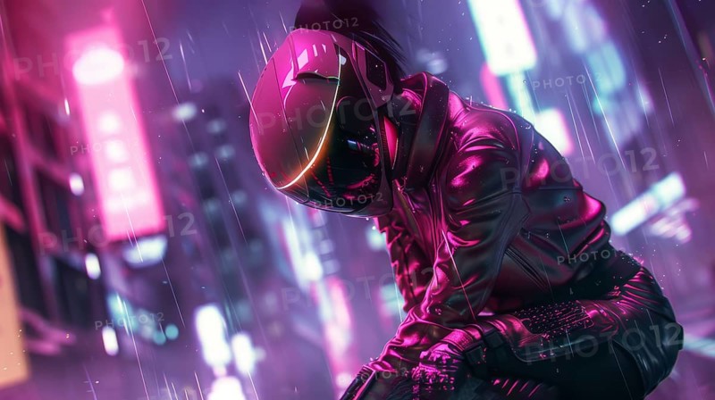 Futuristic cyberpunk figure with motorcycle helmet in a neon-lit urban nightscape, AI generated