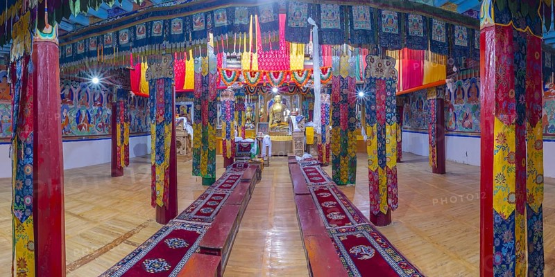 Dukhang, prayer and meeting room, Diskit Monastery, near Hunder, Nubra Valley, Ladakh, Jammu and Kashmir, Indian Himalayas, North India, India, Asia
