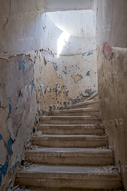 Ruins in the ghost town of Eleousa, staircaseLost Place, Rhodes, Dodecanese, Greek island, Greece, Europe