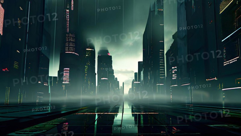 AI generated illustration of a cityscape with skyscrapers and holographic elements in grey and green color
