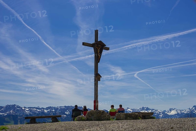 Summit cross, Mittagberg, 1451m, Nagelfluhkette Nature Park, Allgaeu Alps, Allgaeu, Bavaria, Germany, Europe
