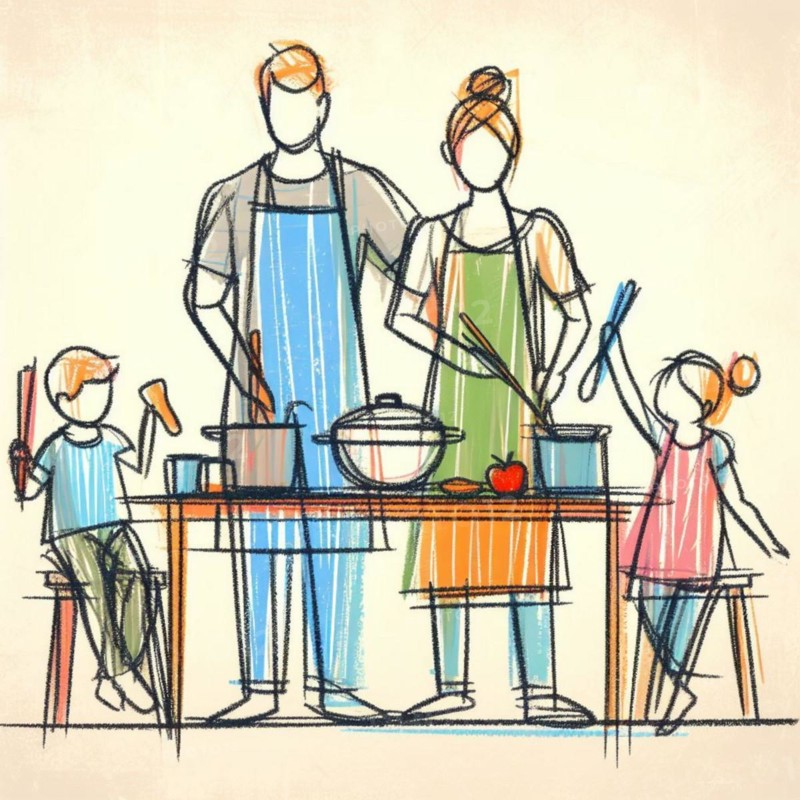 A lively sketch of a family engaged in cooking a meal together in a homely kitchen, AI generated