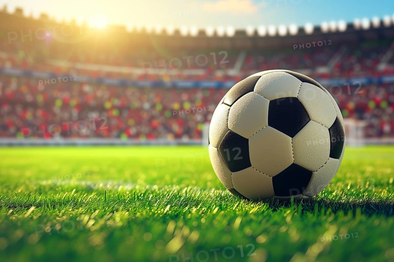A soccer ball on a green field in soccer football stadium in evening on sunset with floodlights lights, AI generated