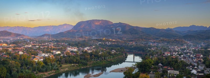Panorama over Luang Prabang with Nam Khan River and Wat Phol Pao in the background, Laos Asia