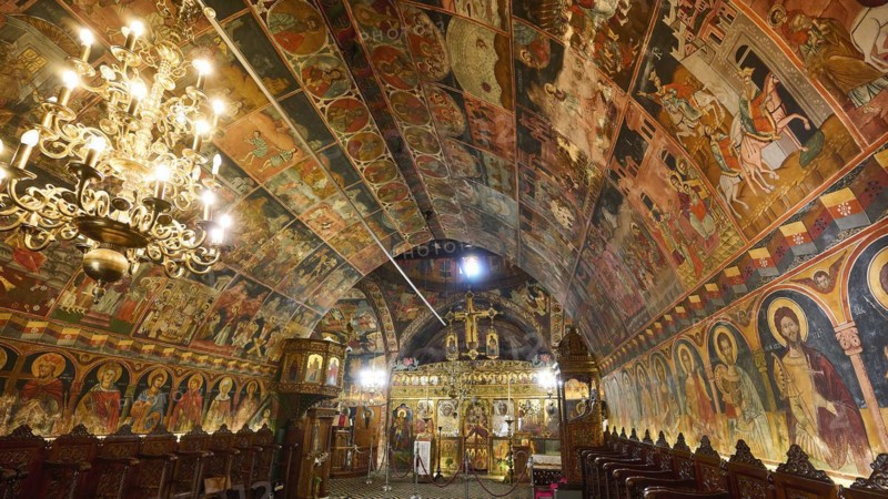 Interior view of an Orthodox church with richly decorated frescoes and an iconostasis, Panagia Church, St Mary's Church, Lindos village, Rhodes, Dodecanese, Greek Islands, Greece, Europe