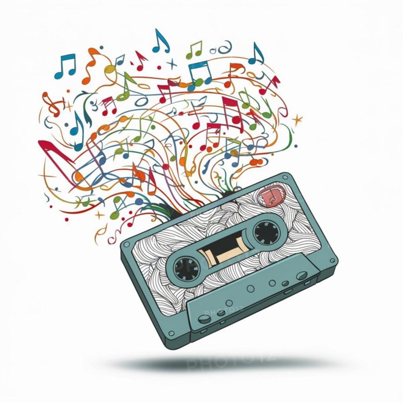 Colorful abstract musical notes flowing from a cassette tape on a light background, AI generated