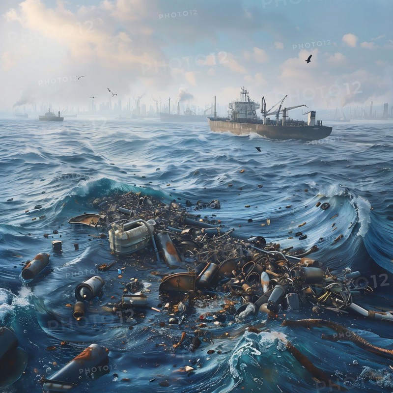 A cargo ship at sea with lots of plastic waste in the foreground, oil spill, environmental disaster, AI generated