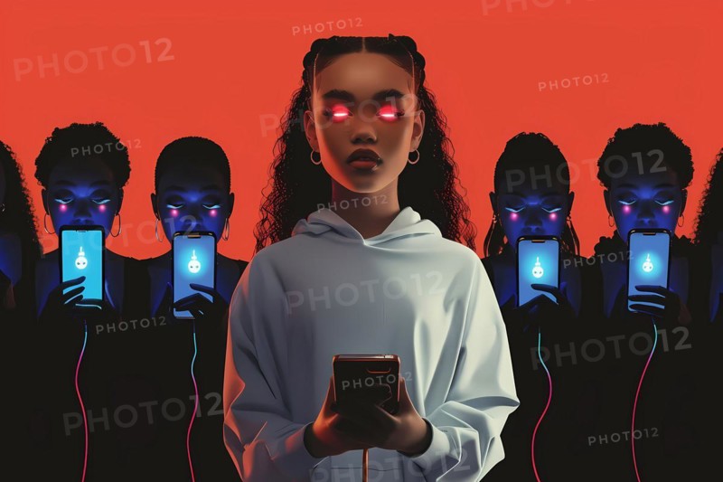 Artistic portrayal of a young woman with glowing phones, symbolizing social media's impact, 3D, illustration, AI generated