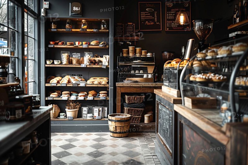 Rustic bakery with bread shelves and wooden baskets, AI generated