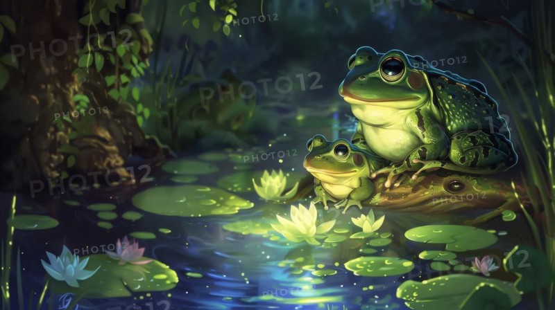 Two frogs on a log with water lilies in a serene nighttime setting with glowing light, AI generated