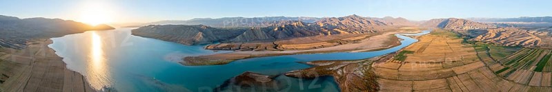 Panorama, River mouth of the Naryn River at Toktogul Reservoir at sunset, aerial view, Kyrgyzstan, Asia