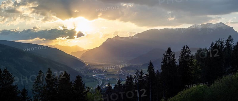 Sunset over the Liesingtal, in the evening light the village Kraubath, Schoberpass federal road, panoramic view, view from the lowlands, Leoben, Styria, Austria, Europe