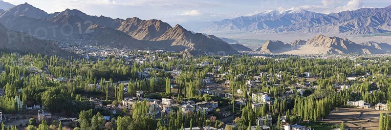 Panorama over Leh and the Indus Valley to the Indian Himalayas, Ladakh, Jammu and Kashmir, India, Asia