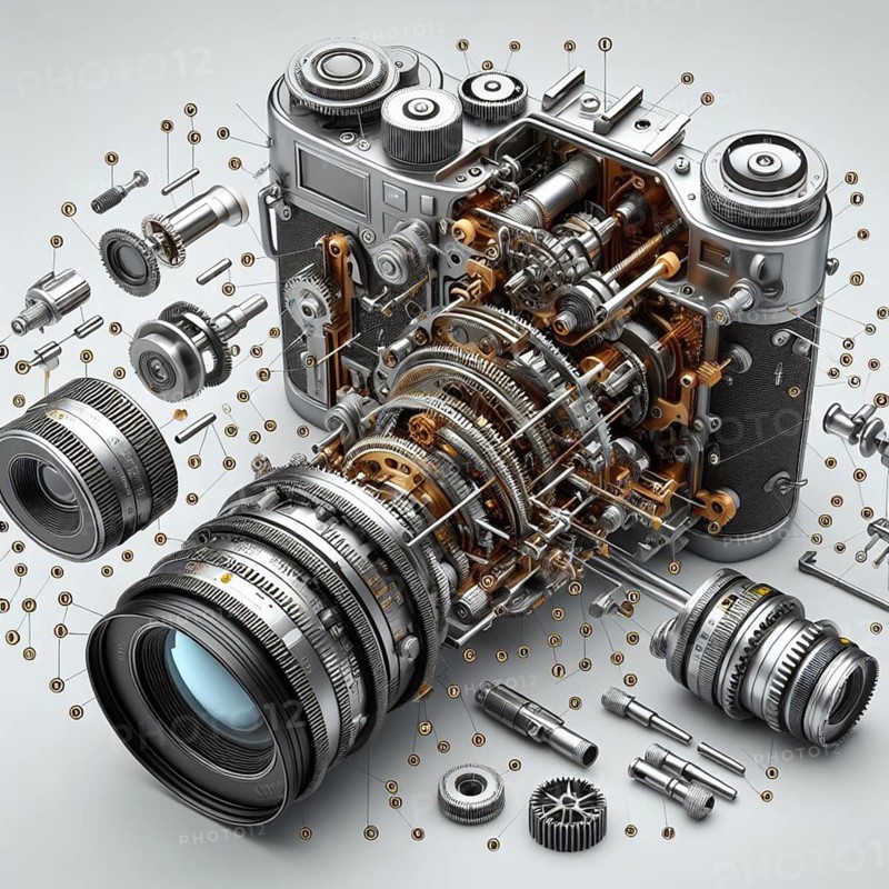 Highly detailed concept illustration showing a vintage camera disassembled with all parts floating in space, demonstrating the intricate internal mechanics and engineering of photography equipment, AI generated