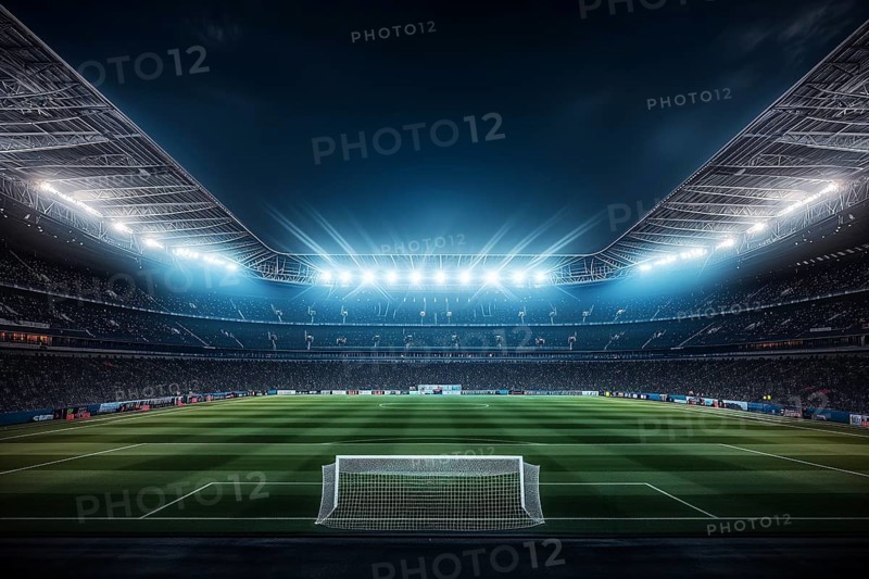 A soccer field with a large crowd of people spectators fans watching the game in evening. The stadium is lit up with bright flood spotlights ready for a match game, AI generated