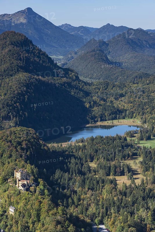 Hohenschwangau Castle and Schwansee in autumn, Romantic Road, Ostallgaeu, Allgaeu, Bavaria, Germany, Europe