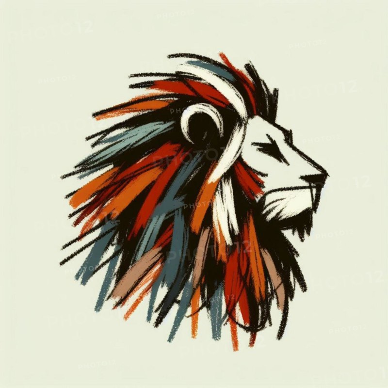 Artistic, abstract brushstroke lion profile in red, blue, and white, AI generated