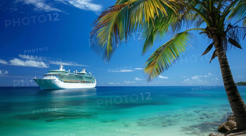 A large cruise ship docked near popular vacation resort. The scene is serene and relaxing, with the ship providing a sense of adventure, AI generated