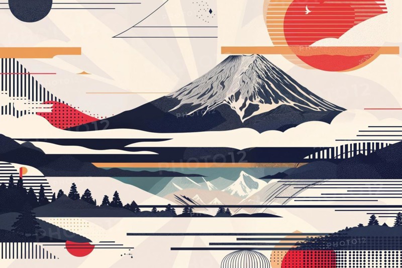 A tranquil panorama with the imposing Mount Fuji on the horizon, framed by geometric motifs and abstract forms that have their roots in Japanese cultural symbols and represent a harmonious connection between nature and artistic creation, Japan, AI generated, AI generated, Asia