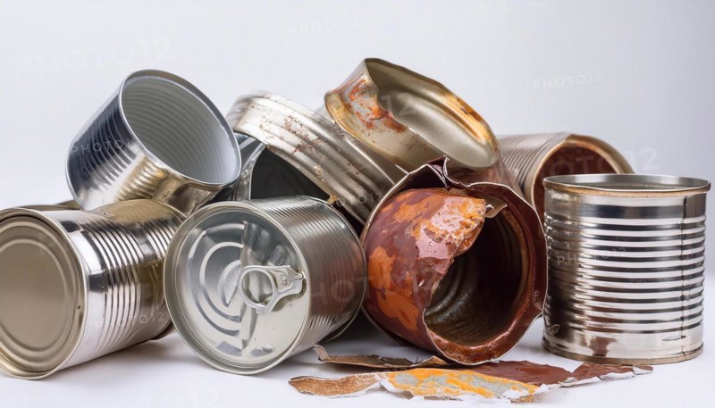 Symbol photo, many empty tin cans, partly crushed, rusty, dirty, on a white background, AI generated, AI generated