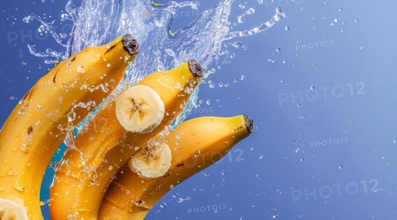 A bunch of yellow fresh bananas immersed in water and produce splash, AI generated