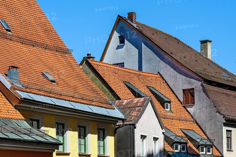 Pointed gables and dormers in Pfarrgasse, Kaufbeuern, Allgaeu, Swabia, Bavaria, Germany, Europe